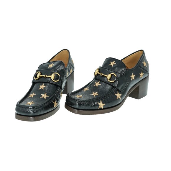 Gucci Horsebit Embroidered Stars Leather Mid Heel Loafers - Picture 2 of 8